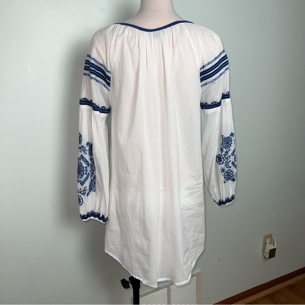 Blue Island White Blue Embroidered Cotton Swim Cover Tassel Boho Beach Tunic M - Picture 6 of 15